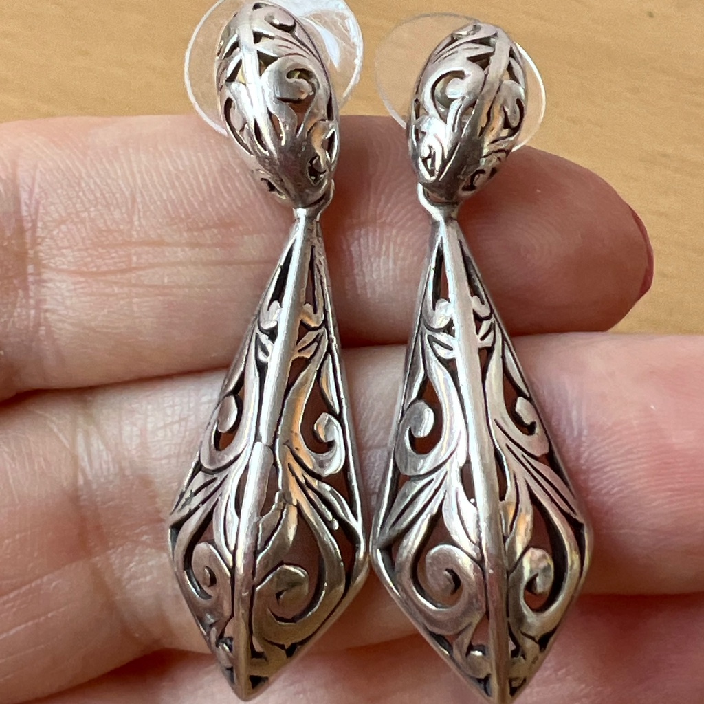 Vintage Sterling Silver Ornate Design Long Drop Dangle Earrings Well Made